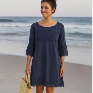 Loft Navy Eyelet Shift Dress Round Neck 3/4 Bell Sleeves Romantic Feminine Small
